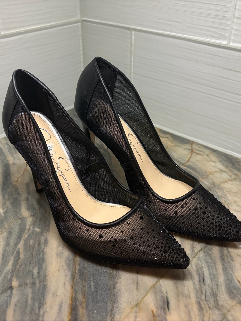 Jessica Simpson Size 6.5 Black Pointed Toe Rhinestone Stiletto Mesh Heels Pumps